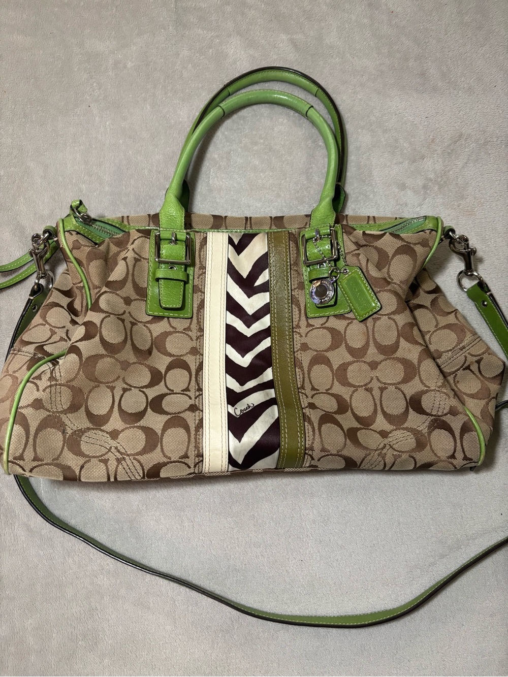 Rare Vintage Coach Hampton Nancy Signature Zebra Stripe Satchel Green Handbag